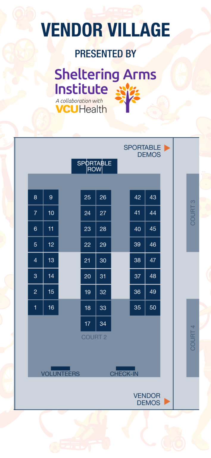 Page reads Vendor Village presented by Sheltering Arms Institute. Image of the vendor map showing booths from 1 to 50. Sportable Row above the booths.