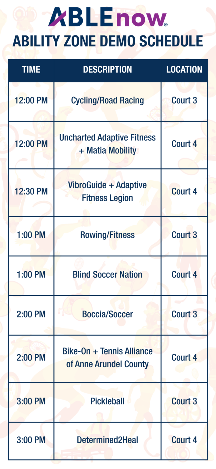 Page reads ABLEnow Ability Zone Demo Schedule. Graph below reads: 
12:00 PM Cycling and Road Racing demo on Court 3.12:00 PM Uncharted Adaptive Fitness + Matia Mobility demo on Court 4. 12:30 PM VibroGuide + Adaptive Fitness Legion on Court 4. 1:00 PM Rowing/Fitness on Court 3. 1:00 PM Blind Soccer on Court 4. 2:00 PM Boccia/Soccer on Court 3. 2:00 PM Bike-On + Tennis Alliance of Anne Arundel County on Court 4. 3:00 PM Pickleball on Court 3. 3:00 PM Determined2Heal on Court 4. 